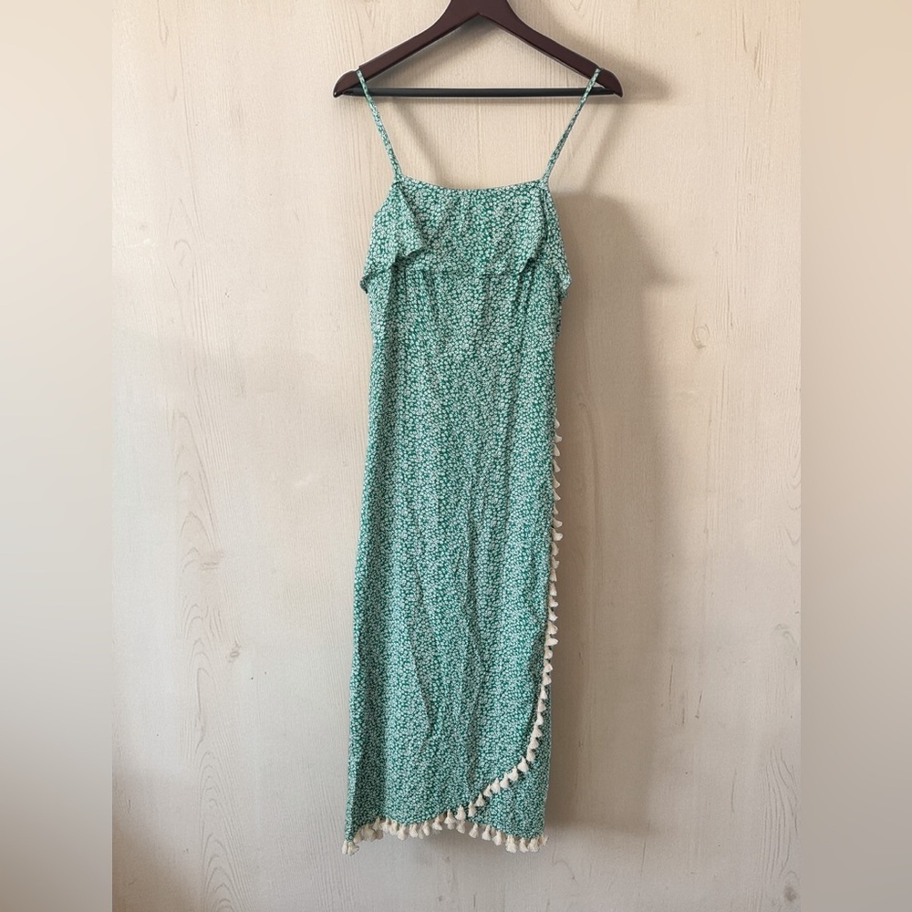 Seafoam Green Floral Maxi Dress with Tassel Trim